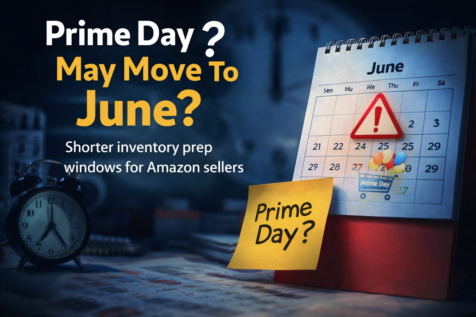 Prime Day may move to June graphic with June calendar, warning symbol, alarm clock, and message about shorter inventory prep windows for Amazon sellers.