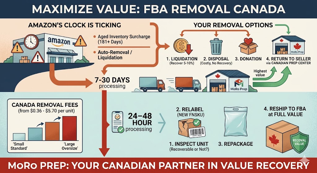 Amazon FBA removal Canada: 4 options compared, with MoRo Prep's 24-48hr inspect, relabel and reship workflow