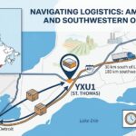 Map showing Amazon YXU1 fulfillment center in St. Thomas Ontario, 30km south of London and 180km from Toronto, with domestic 1-day and cross-border 1-3 day delivery routes
