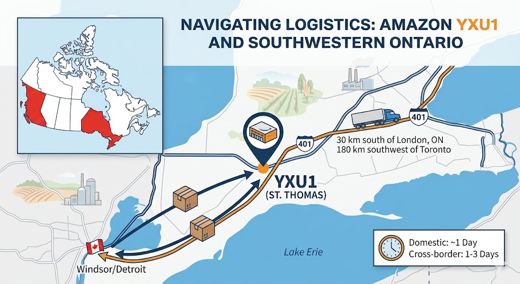 Map showing Amazon YXU1 fulfillment center in St. Thomas Ontario, 30km south of London and 180km from Toronto, with domestic 1-day and cross-border 1-3 day delivery routes