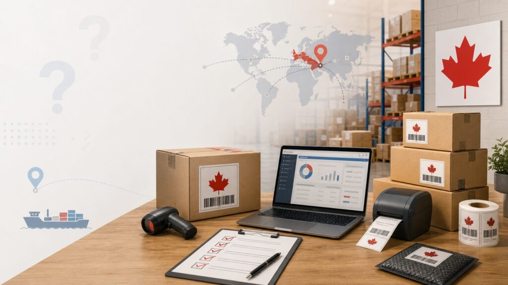 Amazon prep center FAQ visual: FNSKU labeling, returns, and cross-border shipping into Canada FBA for global sellers