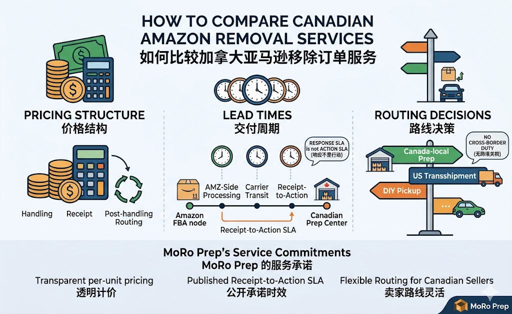 Canadian Amazon removal service comparison infographic: pricing structure (handling, receipt, post-handling), lead-time SLA stages, and 3 routing options (Canada-local prep, US transshipment, DIY pickup)