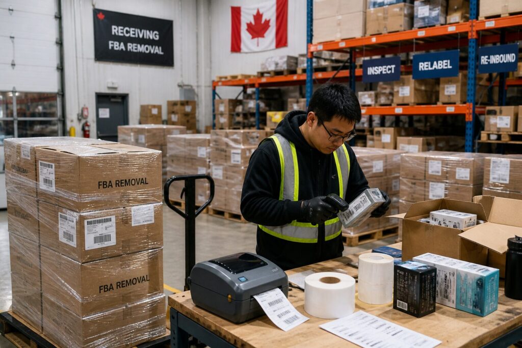 Canadian prep center receiving Amazon removal orders for inspection, relabeling, and FBA recovery