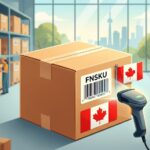 FNSKU barcode label being scanned on a box at an Amazon prep center in Canada, with staff prepping FBA inventory
