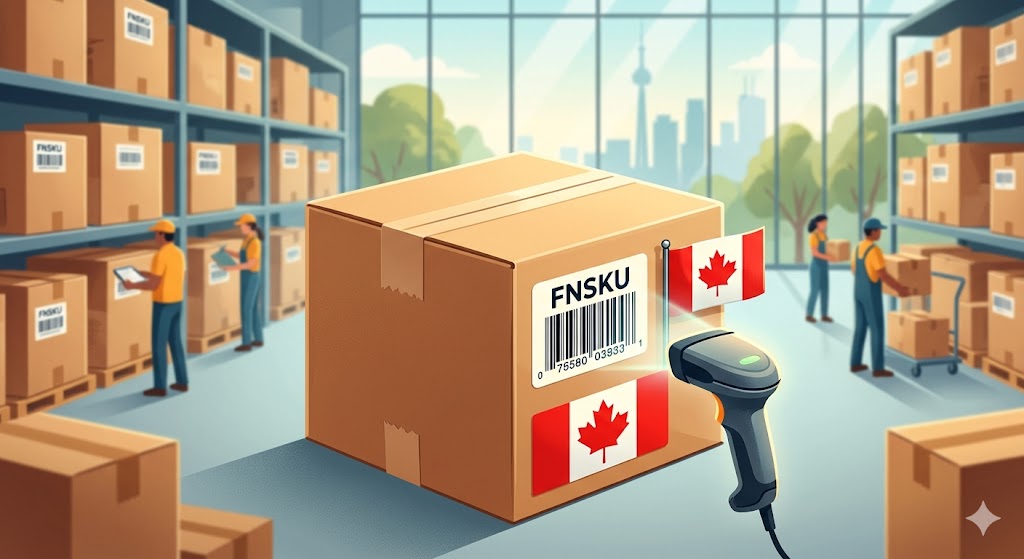 FNSKU barcode label being scanned on a box at an Amazon prep center in Canada, with staff prepping FBA inventory
