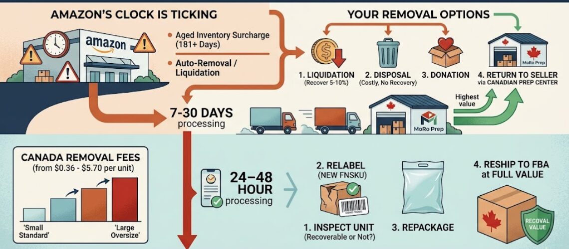 Amazon FBA removal Canada: 4 options compared, with MoRo Prep's 24-48hr inspect, relabel and reship workflow