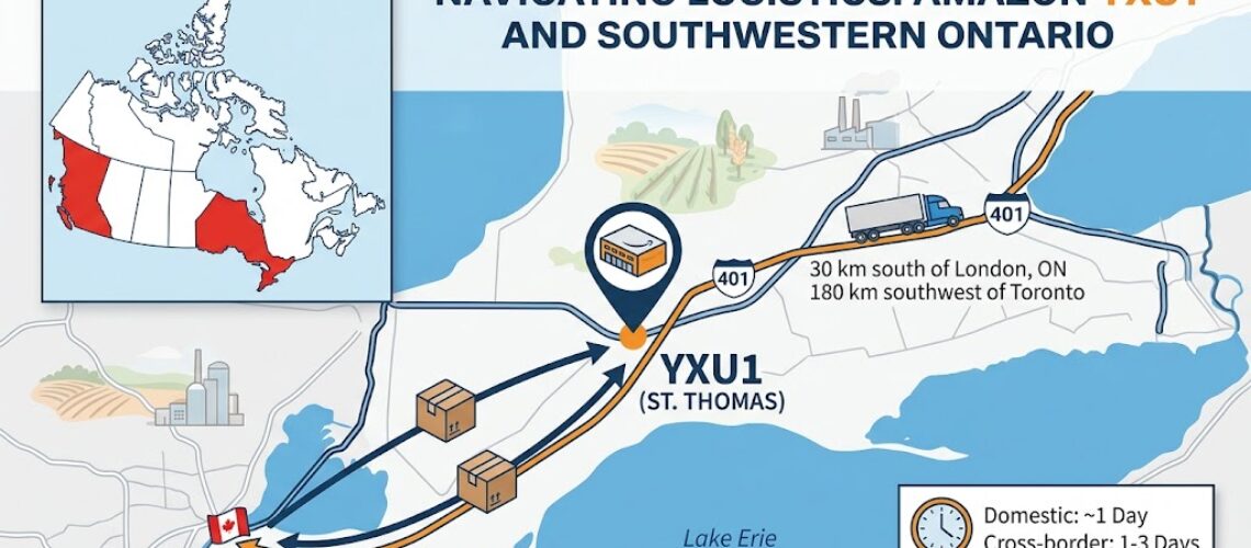 Map showing Amazon YXU1 fulfillment center in St. Thomas Ontario, 30km south of London and 180km from Toronto, with domestic 1-day and cross-border 1-3 day delivery routes