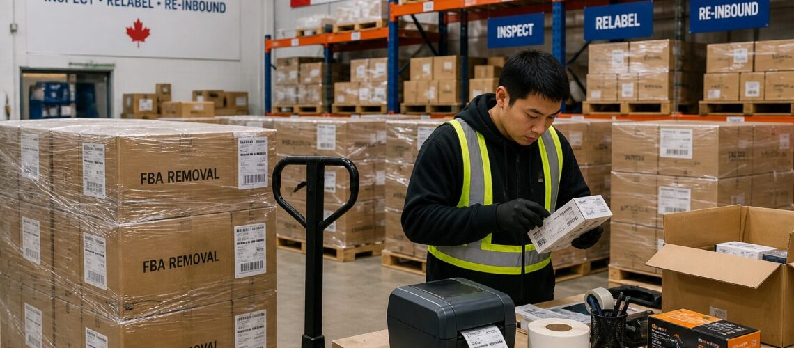 中国卖家亚马逊移除订单外包，加拿大本地 Prep 中心接收、检查、换标并准备重新入仓的操作场景