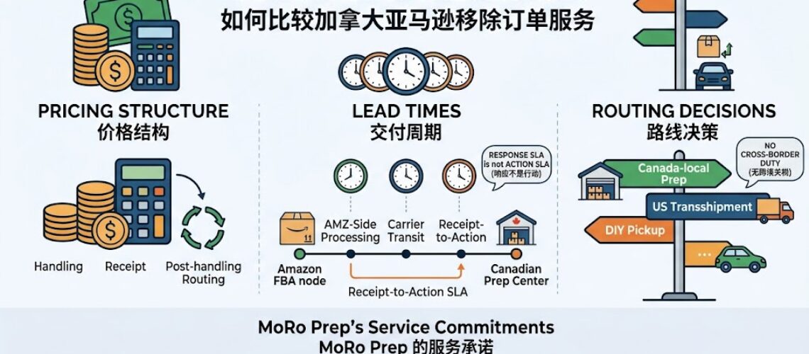 Canadian Amazon removal service comparison infographic: pricing structure (handling, receipt, post-handling), lead-time SLA stages, and 3 routing options (Canada-local prep, US transshipment, DIY pickup)