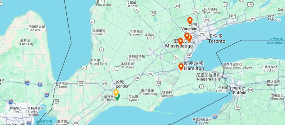 Moroprep logistics network in Ontario, highlighting St. Thomas operations hub and Amazon YYZ and YXU1 fulfillment nodes