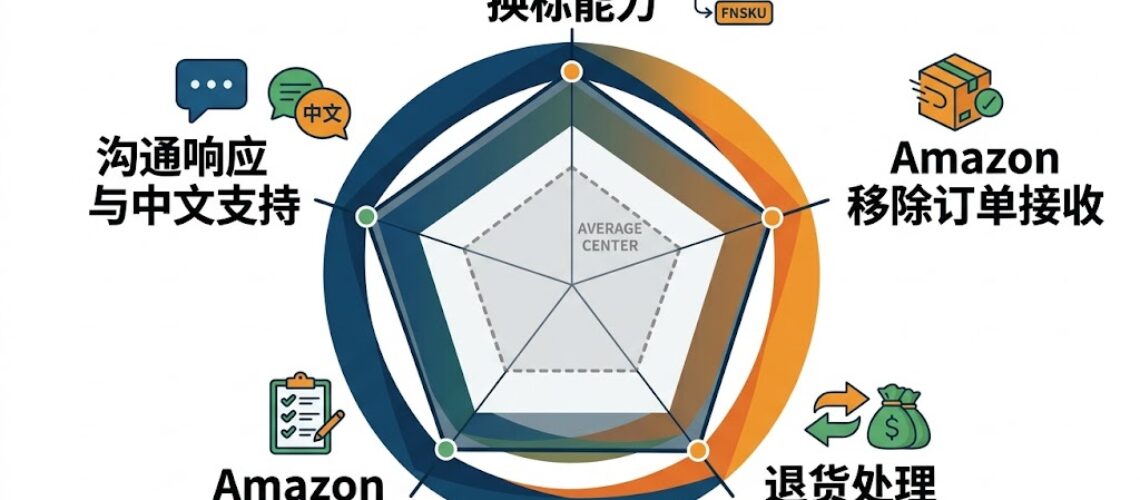 加拿大prep中心选择的5项核心能力对比雷达图：FNSKU换标、Amazon移除订单接收、退货处理与货值回收、入仓Prep合规、中文沟通响应