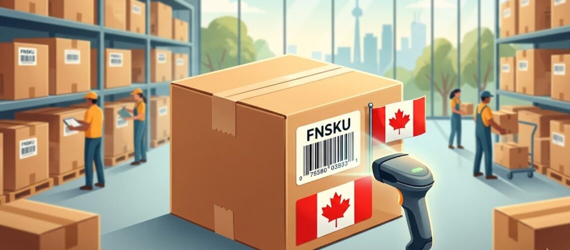 FNSKU barcode label being scanned on a box at an Amazon prep center in Canada, with staff prepping FBA inventory